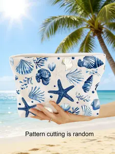 Portable Makeup Bag with Shell and Starfish Pattern, Oceanic Single-Sided Print, Travel Zipper Cosmetic Bag, Multi-Functional Storage Pouch, Travel Ready