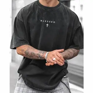 Men's Cross & Letter Print Round Neck Tee, Breathable Casual Street Short Sleeve Retro Washed T-shirt for Summer, Men's Top for Daily Wear UR8