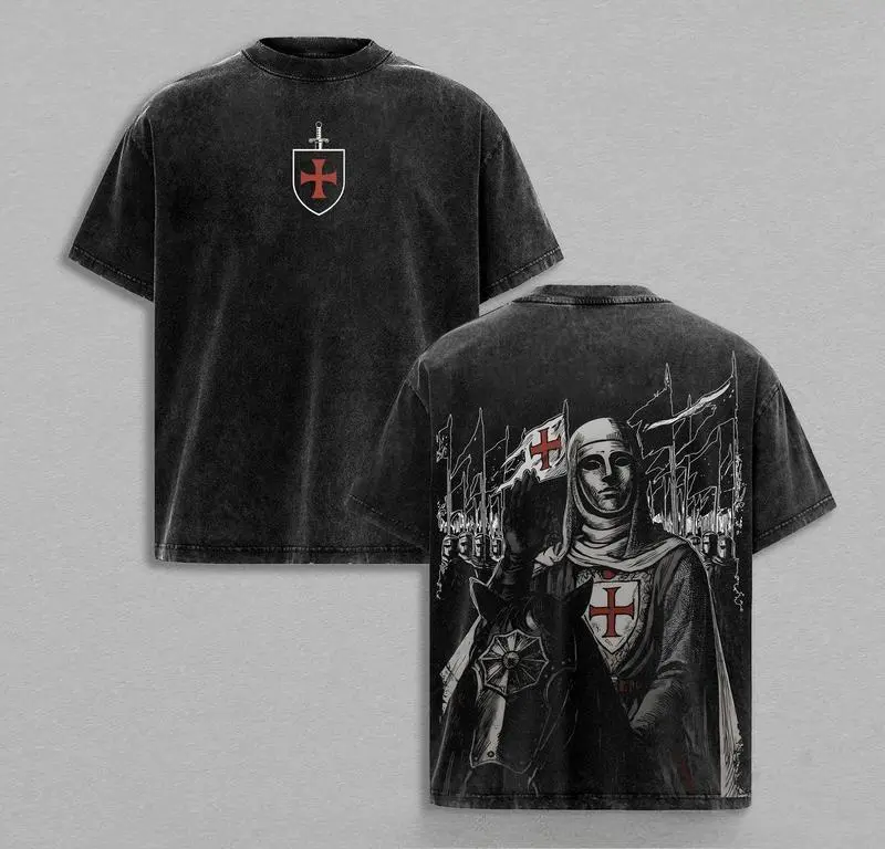 Men's Fitted Crusader Cotton T-Shirt - Vintage Distressed Baldwin IV Leper King Print, Medieval Jerusalem Cross Christian Graphic Top, Streetwear Tshirt, Figure Print