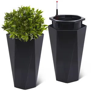 22.4" Set of 2 Tall Planters, Self-Watering Planter with Drainage Holes/Water Level Monitor Movable Wheels and Inner Bucket for Outdoor and Indoor,Black