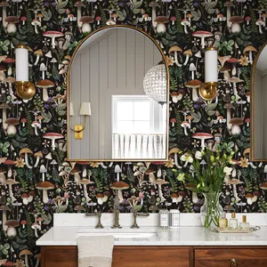 JIFFDIFF Mushroom Peel and Stick Wallpaper Black Boho Contact Paper Removable Self Adhesive Wall Paper for Bedroom Bathroom Cabinet Countertop 17.3" x 200"