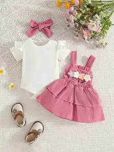 Summer Casual 0-18M Solid Color Short-Sleeved Shirt Flower Strap Skirt Hair Band Three-Piece girl set
