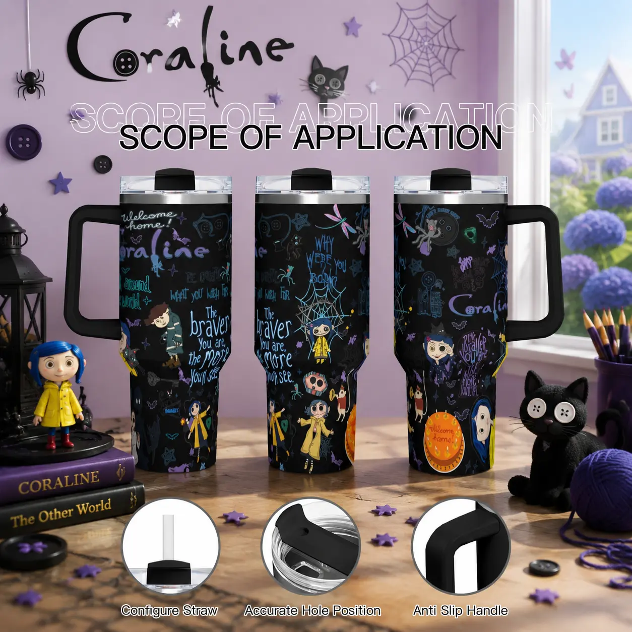 Single 40oz Coraline-1 Cartoon Fairy Stainless Steel Insulated Flask, Portable Vacuum Travel Mug with Colorful Handle, Lid & Straw, Reusable Large-Capacity Drinkware Gift for Movie Fans Daily Use, Flasks