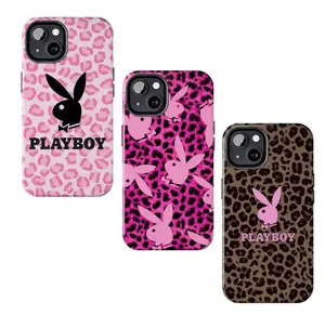 Playboy leopard print pink phone case, compatible with iPhone 17/16/15/14/13/12/11 Pro Max/Plus and Samsung Galaxy S23FE/22/23/24/25. Adorned with wildflower patterns, a unisex birthday gift.