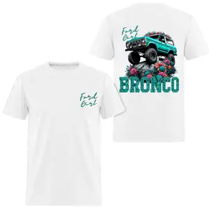 Ford Girl Floral Lifted Bronco T-Shirt, 2 Sides, Vintage Off-Road Teal SUV Graphic Tee