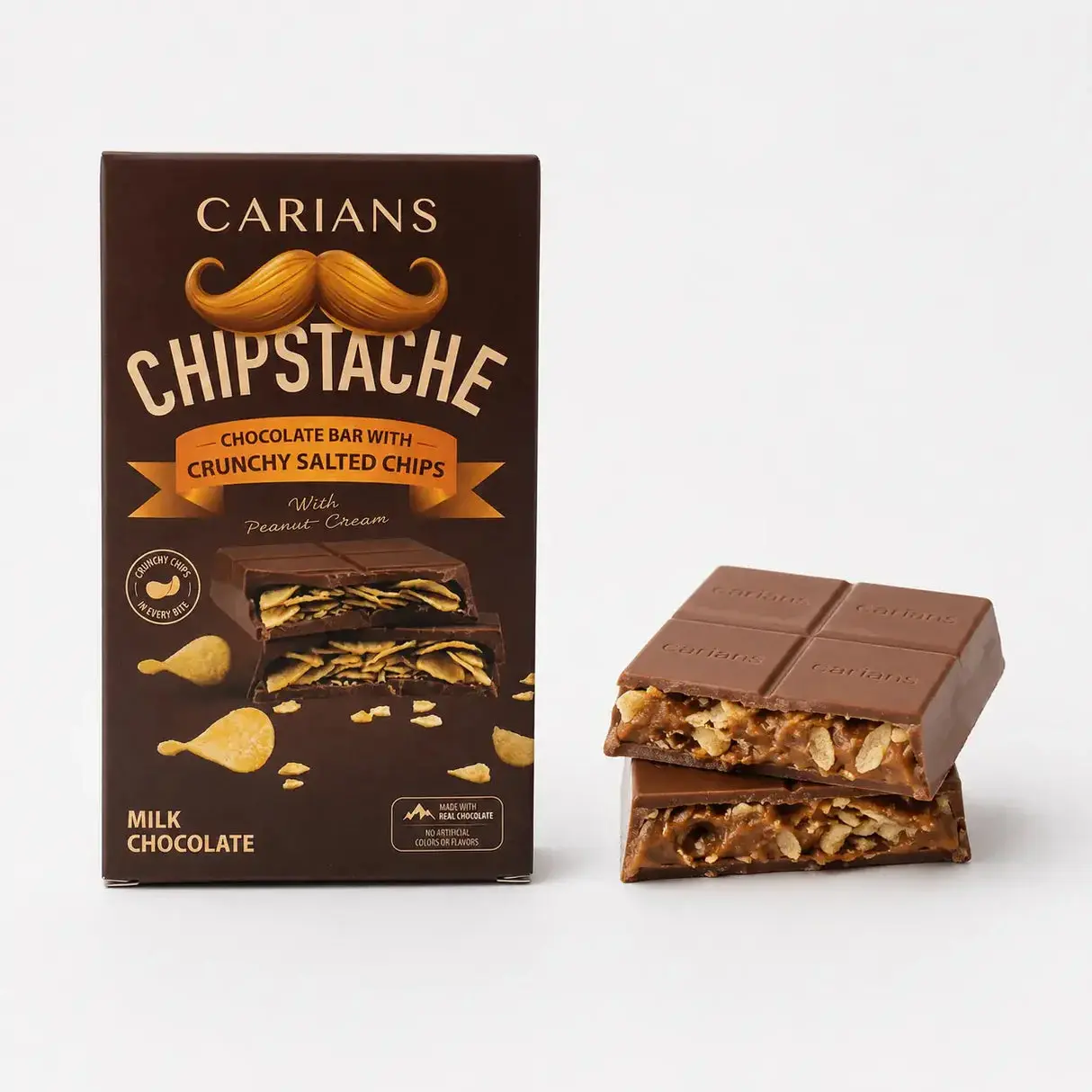 Carian's Chipstache Chocolate Bar, 2.4oz Premium Chocolate Snack