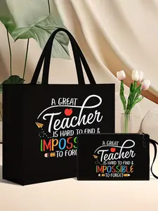 Teacher Appreciation Fabric Tote and Makeup Storage Bag Set, Makeup Organizer Pouch, Preppy Style with Fixed Shoulder Straps, Large Capacity, Hand Washable, Ideal Gift, Travel Cosmetic Bag, Makeup Bags