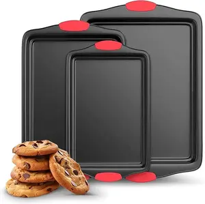 LOVEWE 3PCS Nonstick Kitchen Oven Baking Pans - Premium & Stylish Non-Stick Steel, Commercial Grade Restaurant Quality Metal Bakeware with Red Silicone Handles - Easy to Clean
