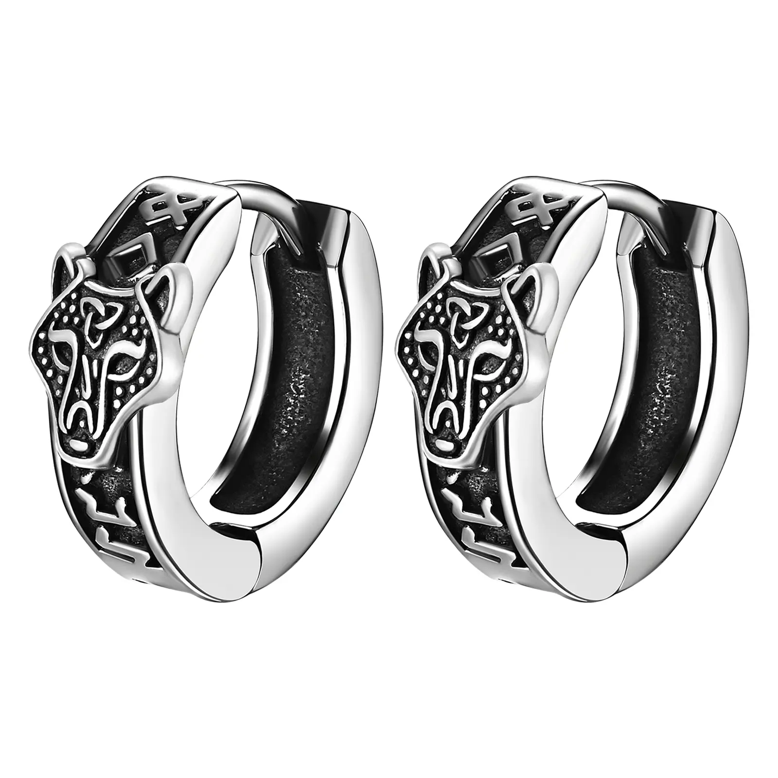 OIDEA Unisex Lightweight Stainless Steel Silver Vintage Viking Runes Wolf Head Huggie Hoop Earrings - Viking Spirit Protection Amulet, Witchy Jewelry for Thanksgiving, Ear Stacking, Role Play, Daily Fashion Gift, Alt Earrings, Witchcraft Aesthetic, Hoops