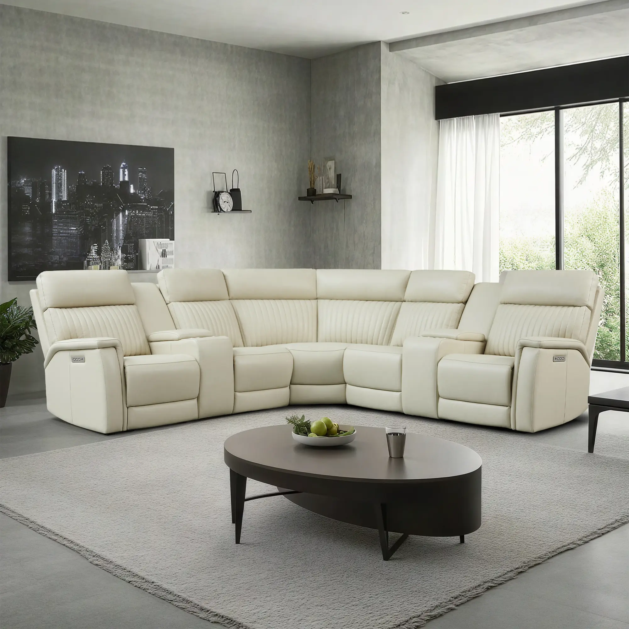 【10 Packages Shipping】5-Seater Genuine Leather Triple Power Reclining Sectional Sofa with Dual Center Consoles