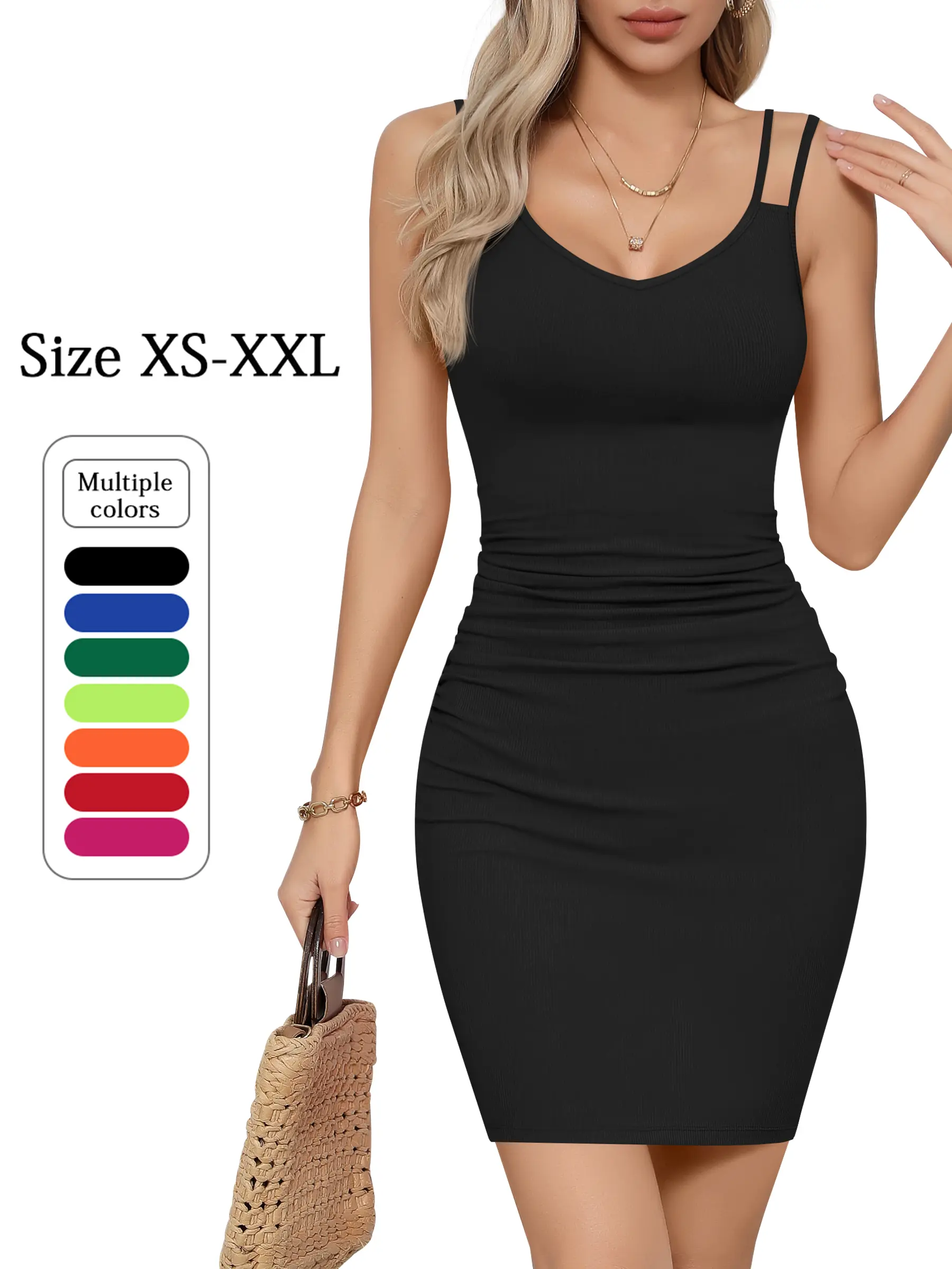 Missufe Women's Stretchy Elastane Ruched V-Neck Sleeveless Spaghetti Strap Bodycon Mini Sundress - Minimalist Fashionable Casual Dress, Easy Pick for Casual Days, Birthday Dresses