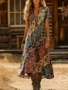 Western Wild West Long Bohemian Print Ethnic Slimming Dress, Vacation Essential, Western Style Maxi Dress, Women's Fashion