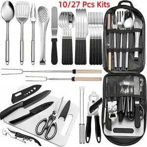 10/27Pcs Camping Kitchen Utensil Cookware Kit, Stainless Steel Outdoor Cooking And Grilling Utensil Organizer Travel Set Perfect For Travel, Picnics, RVs, Camping, BBQs, Parties And More