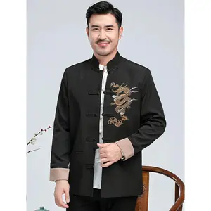 Dragon Embroidery Long Sleeve Kung Fu Shirt Chinese Martial Arts Traditional Tang Suit Tai Chi Clothing Morning Exercise Zen Meditation Uniform As Gifts