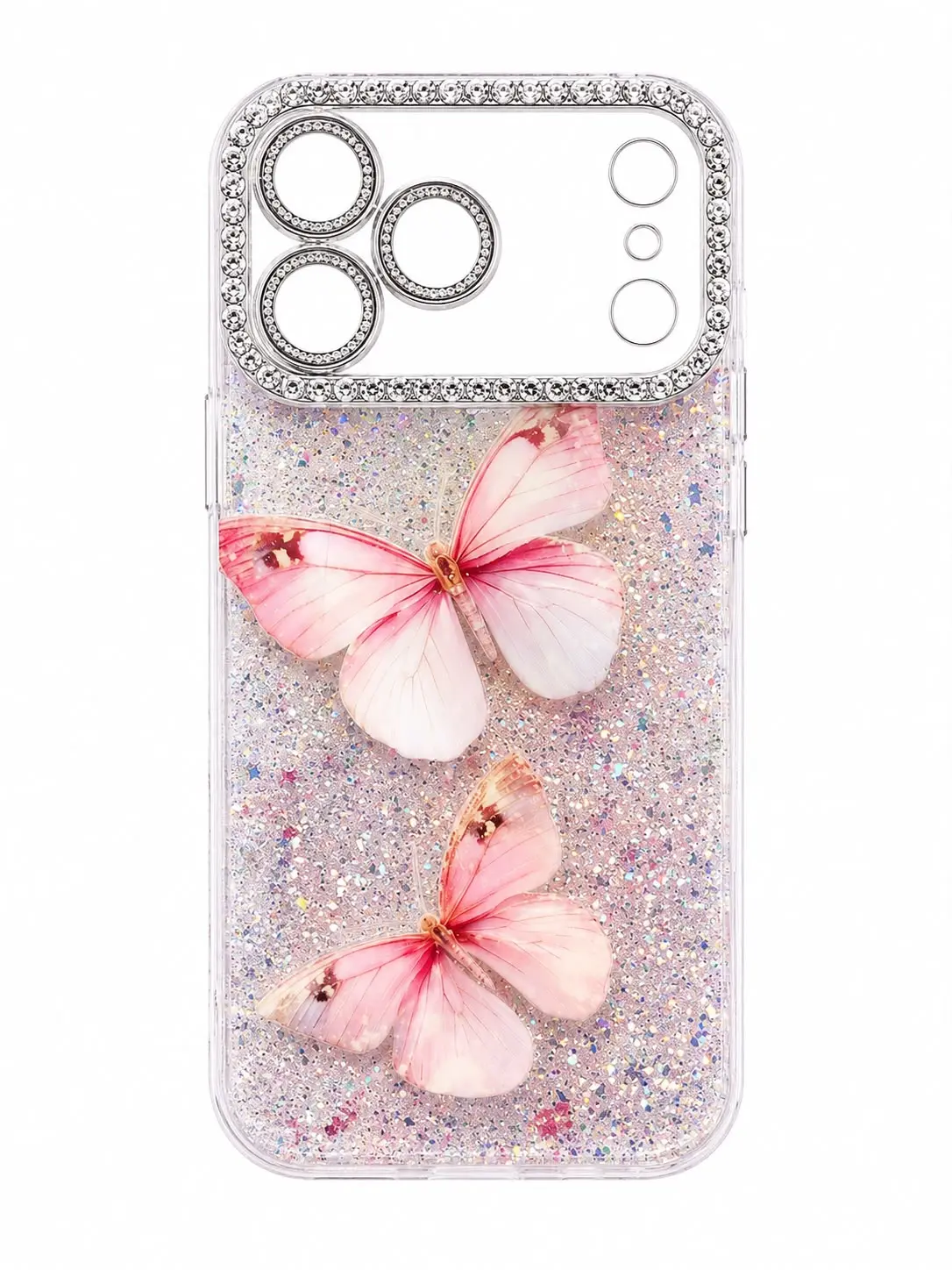 Luxury Glitter Butterfly Phone Case with Rhinestone Camera Lens Protection for iPhone 15 Pro Max, 16 Pro Max, 17 & 17 Pro Max