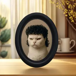 Vintage Funny Curly Hair Cat Photo Oval Frame Decor, Picture Frame, Fun Anthropomorphic Cat Portrait Art, Healing Desktop Ornament, Unique Wall Decoration