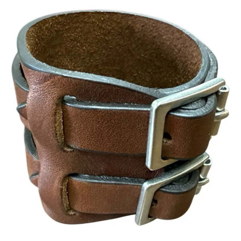 Double Buckle Genuine Leather Cuff Bracelet - Handcrafted Full-Grain Leather with Adjustable Fit & Sturdy Metal Buckles - Natural Brown Vintage Style