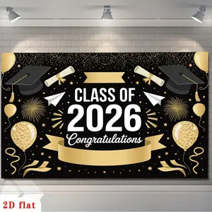 1PC,2D Flat Backdrop Class of 2026 Graduation Backdrop, Black and Gold Theme Grad Party Decoration Banner, Congratulations Grad Photo Background, Graduation Season Atmosphere Decor Backdrop