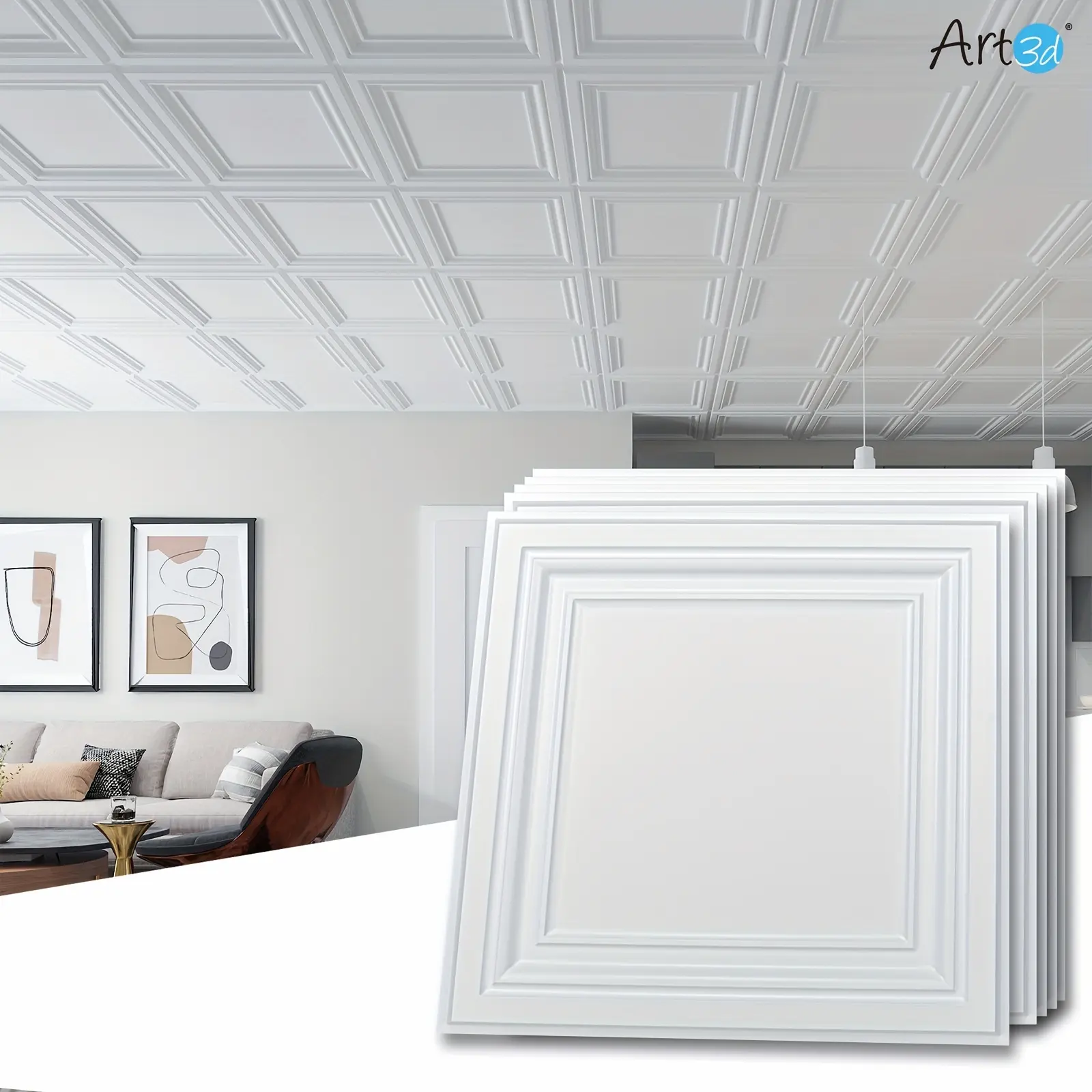 Art3D 12-Pack Lightweight Waterproof PVC Ceiling Tiles, 24"x24" Thin & Lightweight Plastic Sheets for Standard T-Bar Drop Ceilings, 48 Sq Ft/Case, White