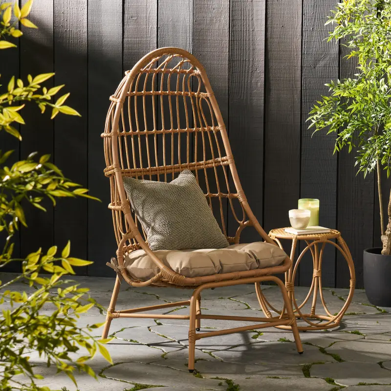 [Soiyelife] Modern PE Wicker cocoon chair with waterproof cushion-light brown rattan decorative chair for indoor/outdoor lounge, patio or living room (30.5 "d x 26.75" W x 53 "H)