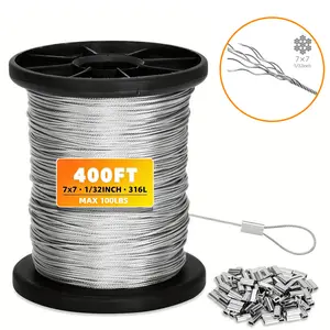 400/200/100ft Wire Rope Crimping Tool Kit,316 1/32" Stainless Steel Wire Rope Cable with Aluminum Crimping Sleeves and Stainless Steel Thimbles for Railing, Decking, Picture Hanging