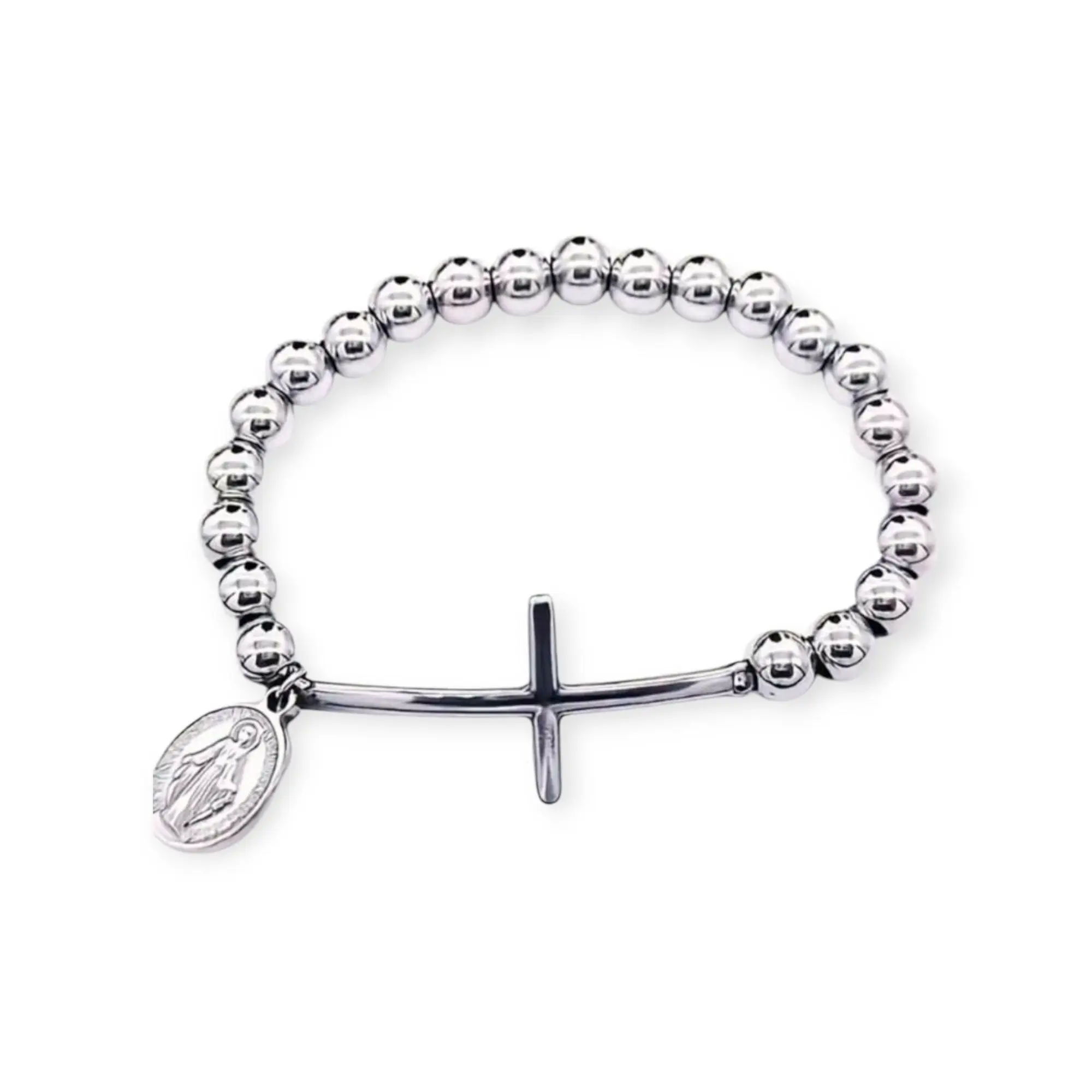 Stainless Steel 8mm Round Bead Stretch Beaded Bracelet - Fashion Cross Bangle, Durable Inspirational Costume Jewelry Accessory for Daily Wear, Beaded Bracelets