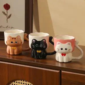 Cute 3D Cat Ceramic Cup Set, 3-Piece Cartoon Cat Coffee Mug, 3D Cat Cups, Tail Handle Animal Cup for Home Office