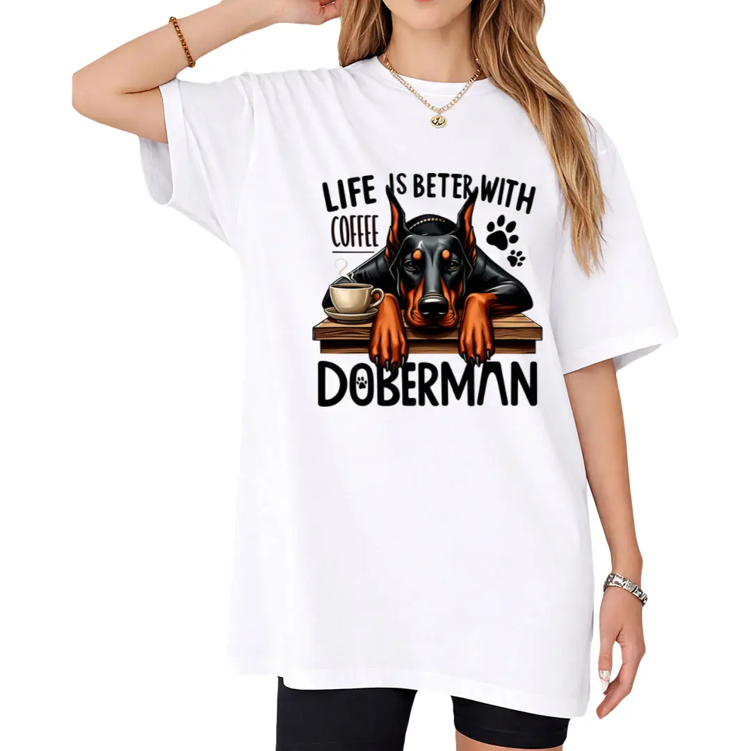 Women's Short Sleeve T-Shirt Suitable for Coffee & Doberman Print Crew Neck Blouse-Compatible Top | Machine Washable Soft Breathable Shirt | Spring Summer Fall Casual Wear with Doberman Dog & Coffee Cup for Commuting Daily Outfits