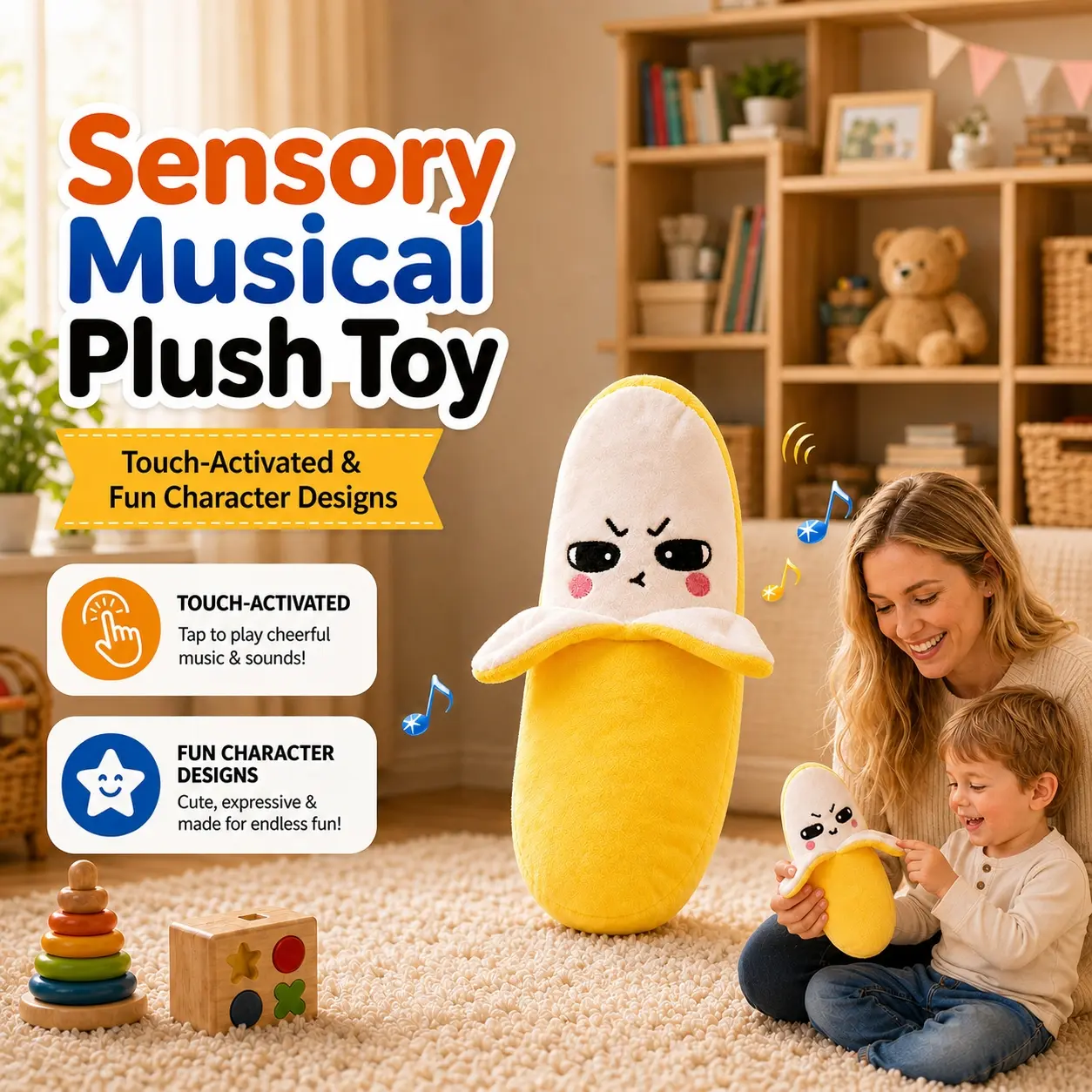[BackToSchool] Vvinca Sensory Toys Musical Plush Toy, Interactive Dual Sensor Rhythm Toy with 3 Play Modes & Sound Effects, Birthday Gift for Toddler Boys Girls Kids Ages 3+, Banana Strawberry Carrot，Outdoor #tiktokshopsummersale
