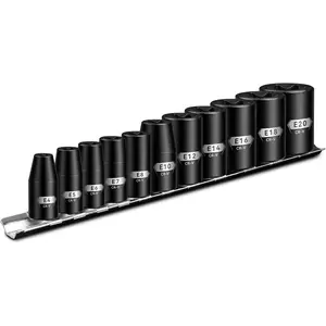 E Torx &  Socket Set With Rail, 11- Female External Sockets, 3/8" 1/4" Drive Precision Torque Inverted Torx Kit, E4 E5 E6 E7 E8 E10 E12 E14 E16 E18 E20 Reverse Socket