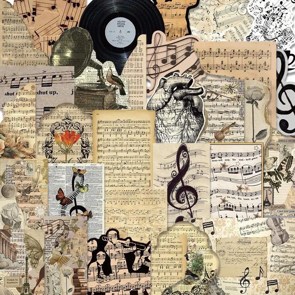 Vintage Music Note Pattern Sticker, 30pcs/set Waterproof Self Adhesive Decor Paper, Decoration Sticker for Gift Greeting Card & Water Bottle & Laptop, Aesthetic Stickers, Ornaments, Diy Decorative Stickers