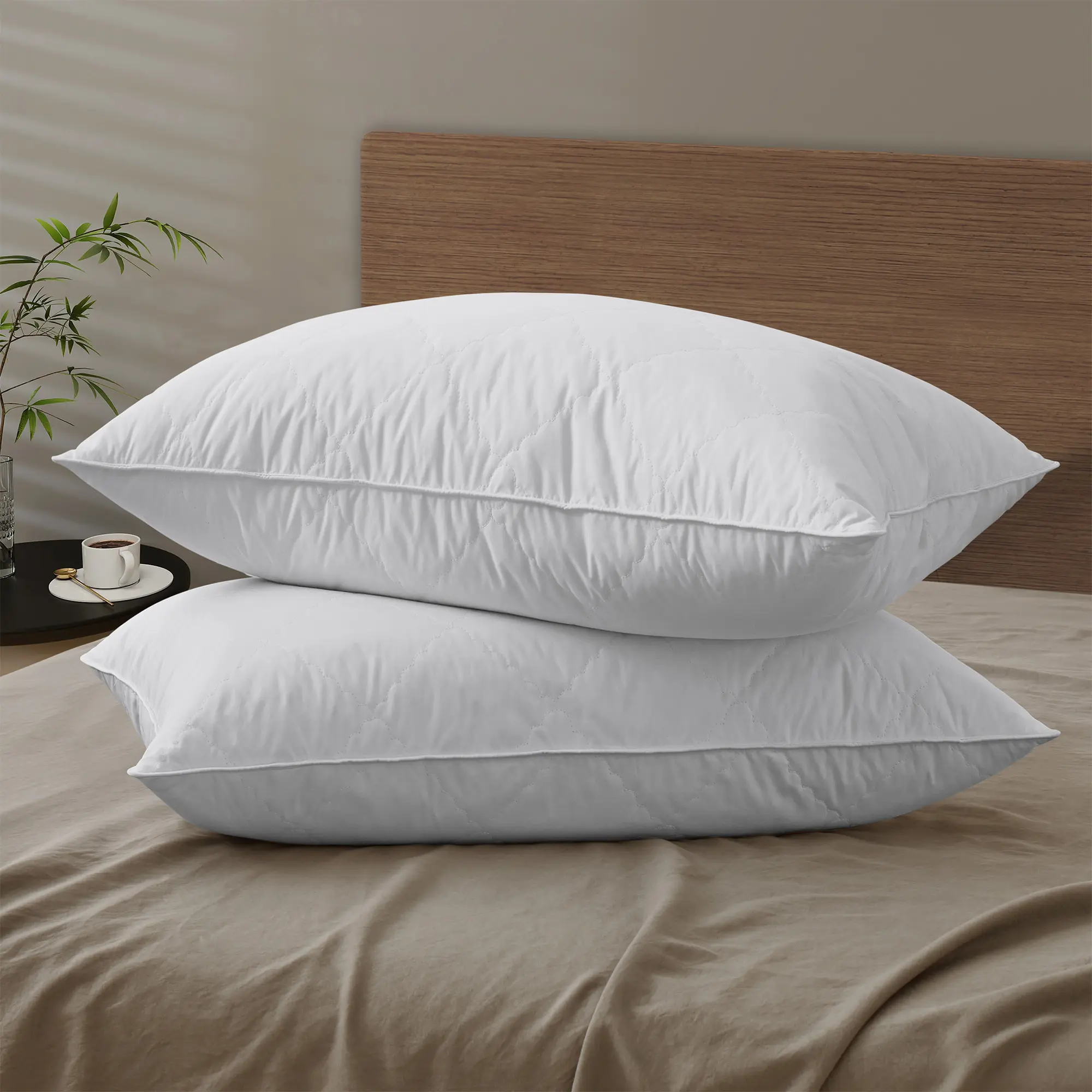 PEACE NEST 100% Goose Feathers Quilted Bed Pillows - Quilting Design, Soft Durable Linens for Home Use, Nightly Cozy Sleep & Restful Night Supportive Bedding