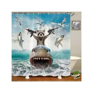 Funny Animal Shower Curtain With Hooks, 66x72 Inch, Cool Raccoon Riding Shark Theme Ocean Shower Curtain For Bathroom, Fun Nautical Fabric Bath Curtain Bathroom Decor
