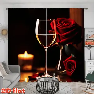2D Flat 2Pcs Romantic Rose and Wine Glass Printed Curtains, Pole Pocket Style, Semi Sunshade, for Living Room, Bedroom, Balcony, Kitchen, Study Window Decoration, Home Decor, Privacy Protection.