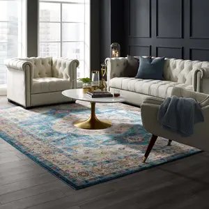 Modway Success Anisah Distressed Floral Vintage Medallion 8x10 Area Rug in Blue, Ivory, Yellow, Orange