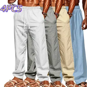 Men’s drawstring elastic-waist loose casual pants, 4-pack. Simple, lightweight, breathable, skin-friendly, and comfortable. Versatile straight-leg fit for everyday wear and seaside outings. fathersdaygift