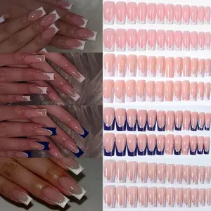 96pcs Square Shape Short Length Acrylic Nail Tips Set, Glossy Finish, French Style Design, Glitter Heart Elements, Perfect for Women & Girls, Nail Tips Kit, Glitter Nails