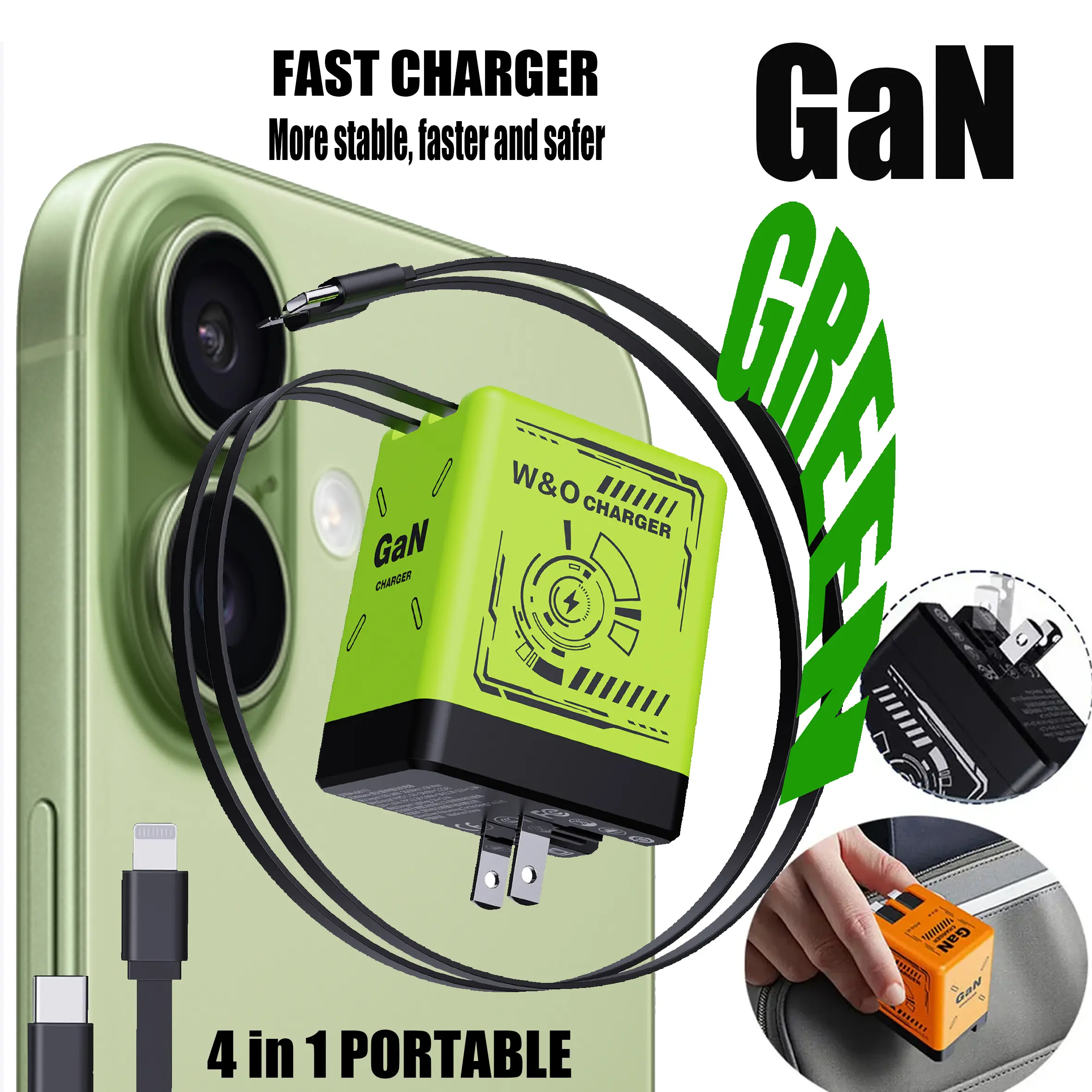 W&O 4-in-1 Portable GaN Fast Charger  Compatible with 120W Fast Chargeing with Retractable Cable USB-C & Lightning Usb Connector iphone 16 plus cases smart watch iphone 15 pro max earbuds portable charger chargers android phones power bank power bank