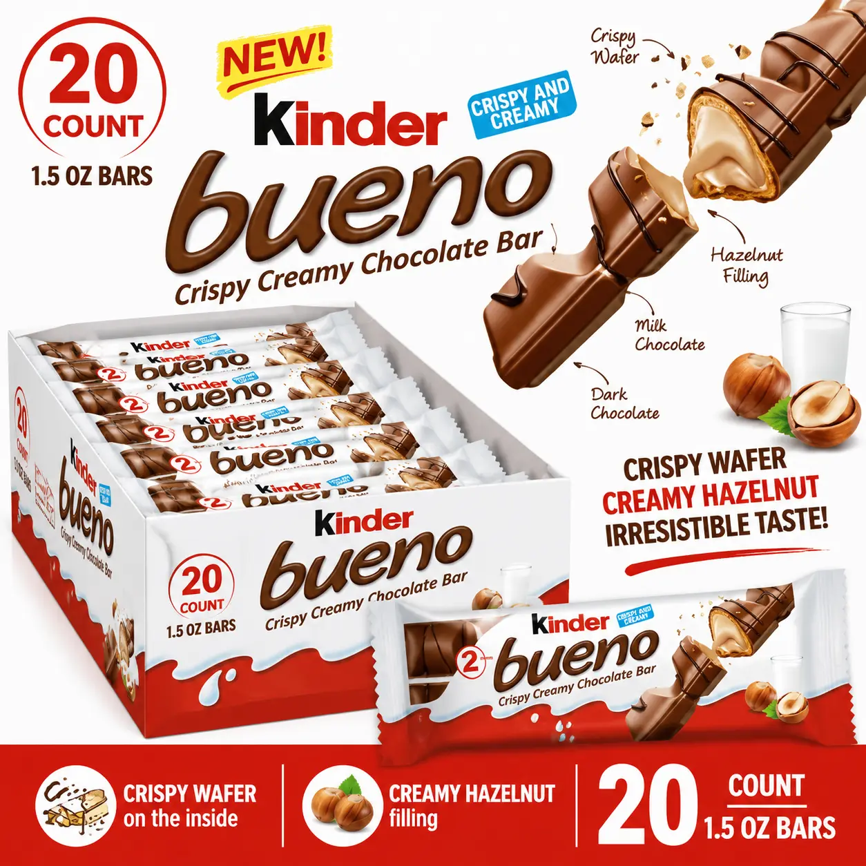 Kinder Bueno Original Milk Chocolate Bars 1.5 oz 20 Count  Crispy Hazelnut Wafer Candy Bars | Premium European Chocolate Treats