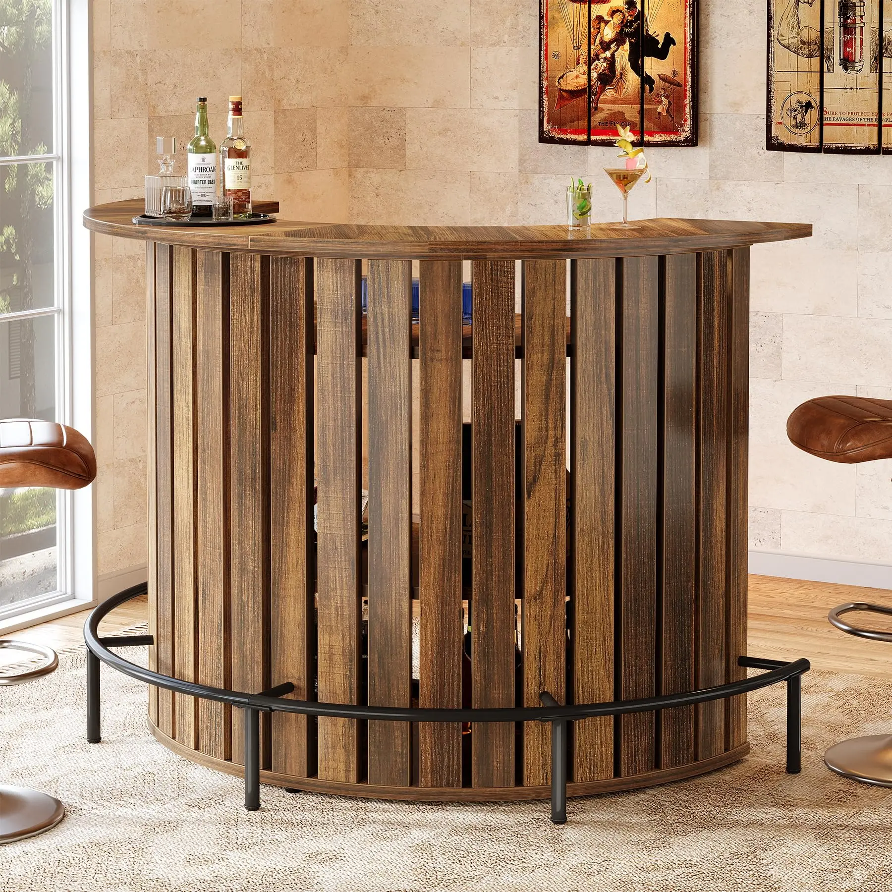 Tribesigns 4-Tier Home Bar Unit, 39.4" H with Footrest, Mini Bar Table for Living Room, Modern Wine Bar Cabinet - Rustic Brown