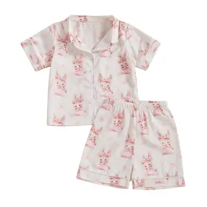Toddler Kids Baby Girl Easter Satin Silk Pajamas Little Girl Short Sleeve 2 Piece Pajama Set Nightgown Pjs Cute Bunny Print Summer Clothes Sleepwear Gift