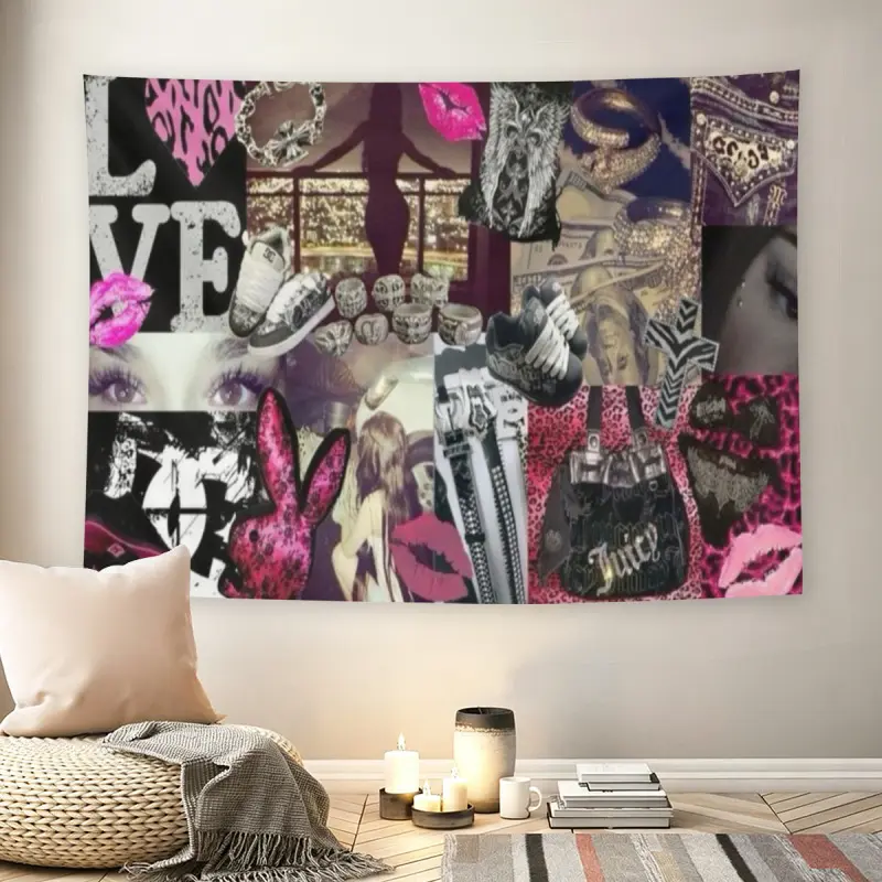 Y2K 2000s Pink Leopard Print Collage Wall Flag, Juicy Couture & Chrome Hearts Aesthetic Trippy Tapestry, Vintage Mid-century Modern Grunge Room Decor for Adult Fans, Early 2000s Fashion Vibe Wall Hangingmusic comics wall flags custom tapestries