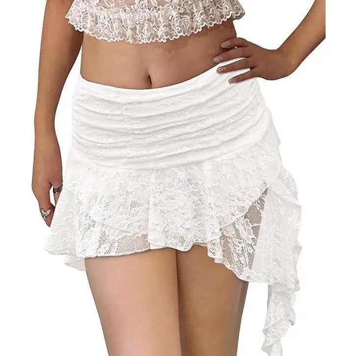Yousify Women Y2K Lace Mini Skirt Low Rise Pleated Ruffle Short Layered Flowy Asymmetrical Fairy Half Slip Soft Breathable Stretchy Comfortable Basic Womenswear