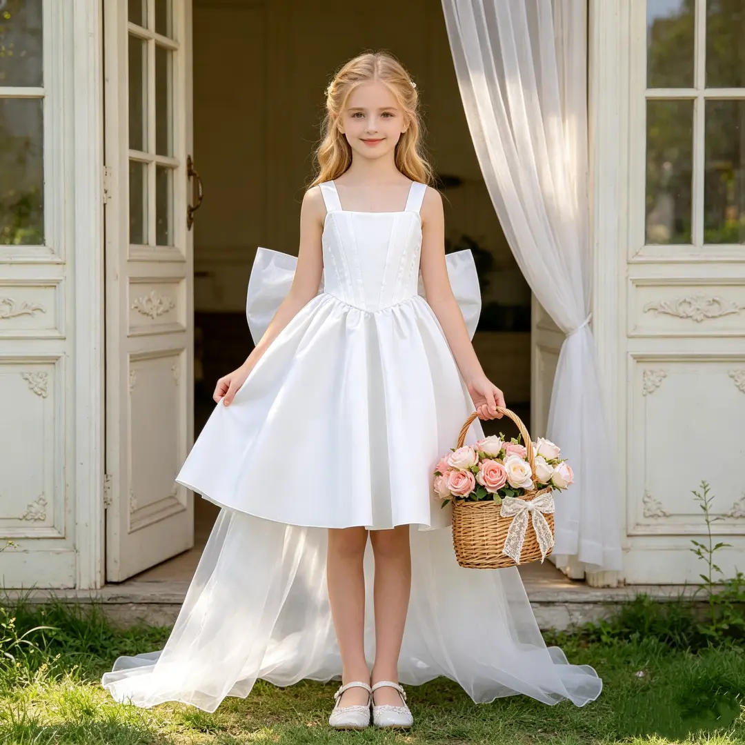 Girls' White Elegant Off-Shoulder Princess Dress (8-12y, 10y, 11y, 12y) - Suitable for Birthday Celebration, Wedding Flower Girl Role, Formal Photo Shoot Events