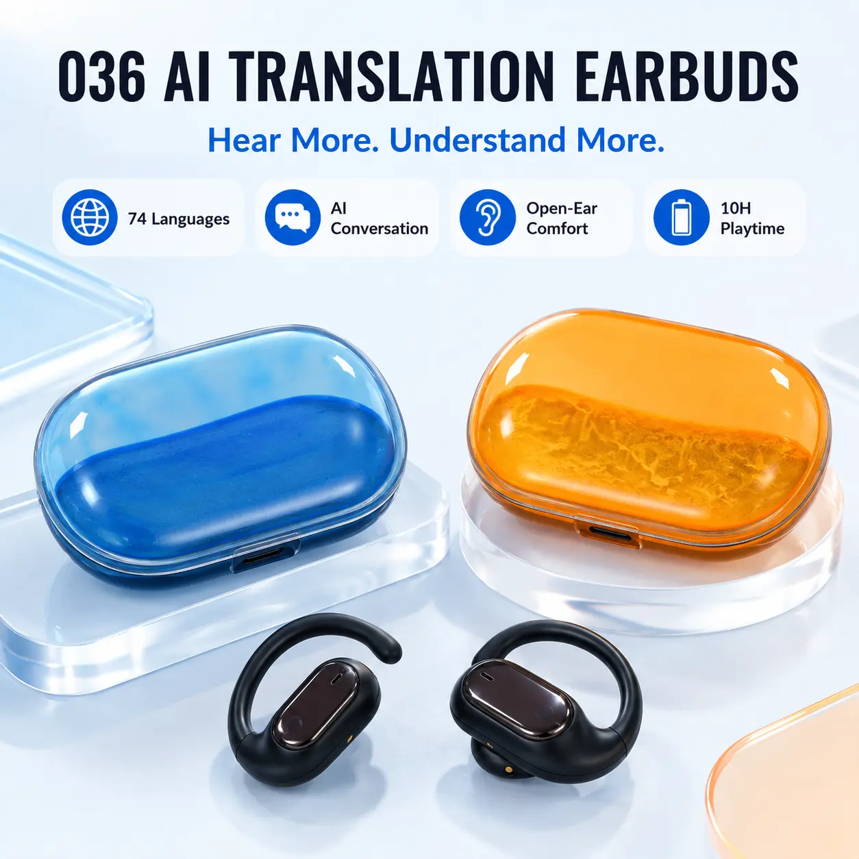 【Live】Open Ear Translation Earbuds with Glow Quicksand Charging Case, 164-Language Translator via Official App, Secure-Fit Bluetooth Ear Hook Headphones for Travel, Running, Driving, Work, Men & Women, 036