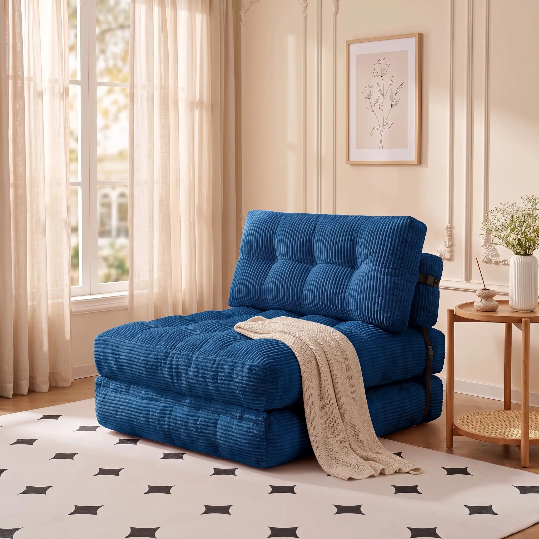 Folding Sofa Bed Convertible Sleeper Chair with Pillow Foldable Mattress with Back Support Portable Fold Out Chair Bed Comfy Floor Sofa Lounge for Living Room Bedroom Blue Single couch boneless sectional