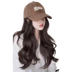 Women's hat wig with long curly hair, integrated full-head cap style, natural-looking simulated human hair, large wavy wig cap