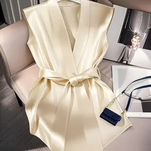 Elegant Women's Knitted Satin Vest with Button Tie Design, Open Front, Medium Stretch Fabric, Fitted, Perfect for Outdoor & Vacation Wear