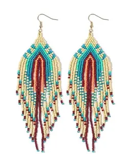 SHINUS BOHO Women's Plastic Bohemian Seed Bead Rainbow Earrings - Long Fringe Feather Hook, Handmade Colorful Tassel Beach Jewelry Gifts for Females, Seed Bead Earrings