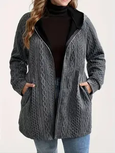 Plus Size Women's Solid Color Pocket Coat, Outerwear, Casual Fitted Jacket for Fall & Winter, Moderate Fabric Thickness, Kint Material